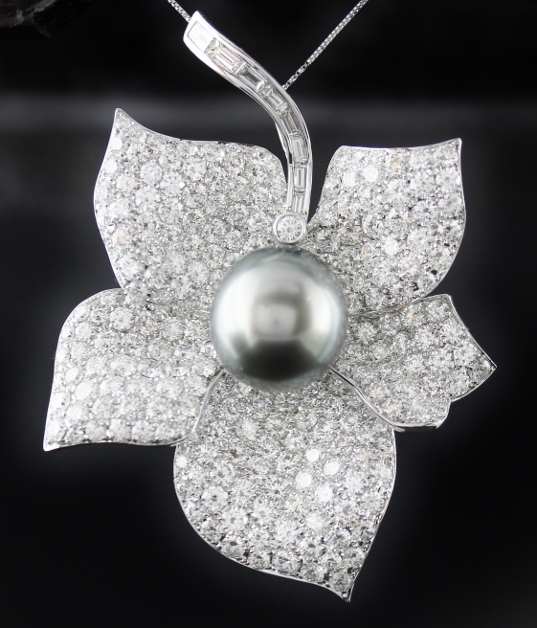 (image for) 18K WHITE GOLD DIAMOND PEARL PENDENT / BROOCH STAMPED "TRESOR"